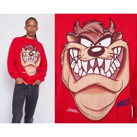 90s U of‎ A Tasmanian Devil Sweatshirt - Men's XL | Vintage Taz Red Crewneck - Picture 1 of 9